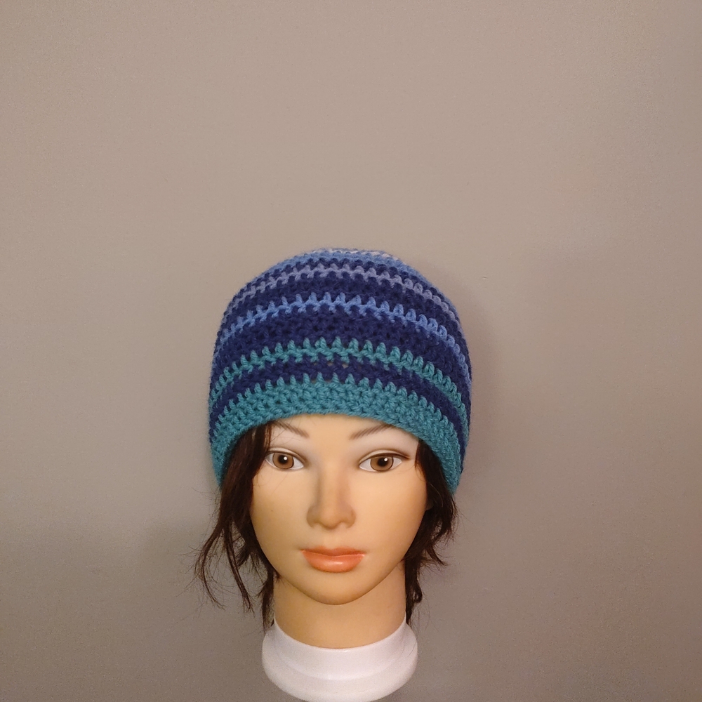 Striped Blue and Teal Knit Beanie